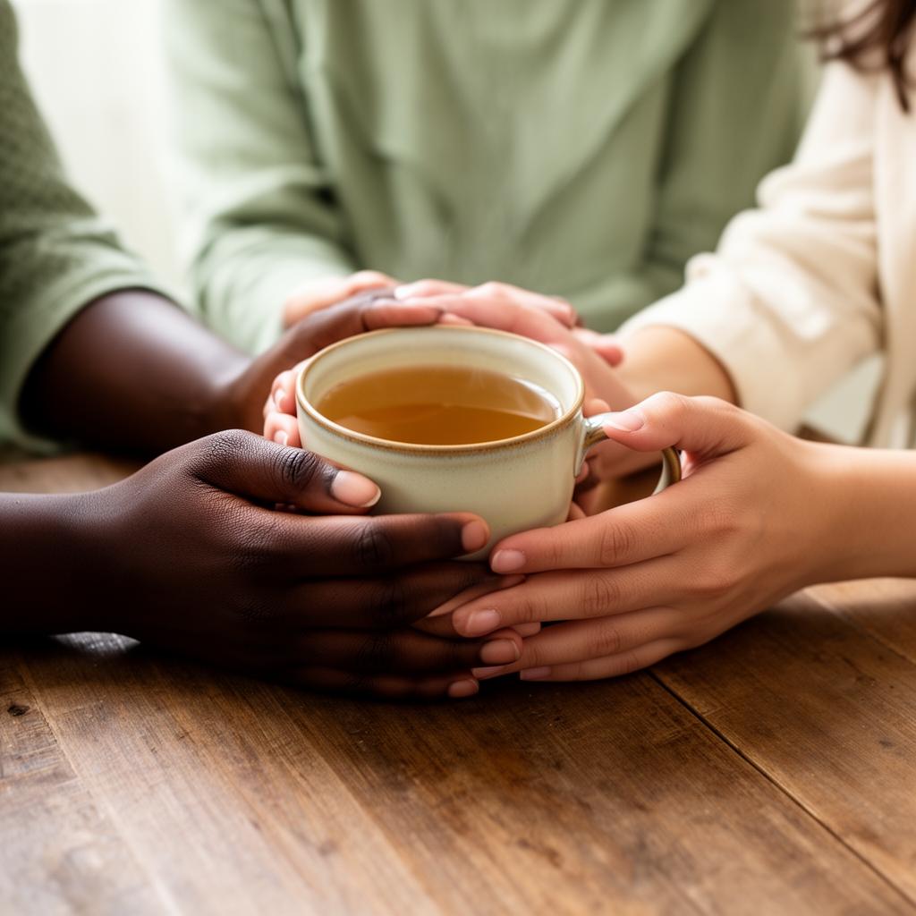 Two people's hands holding a warm cup of tea